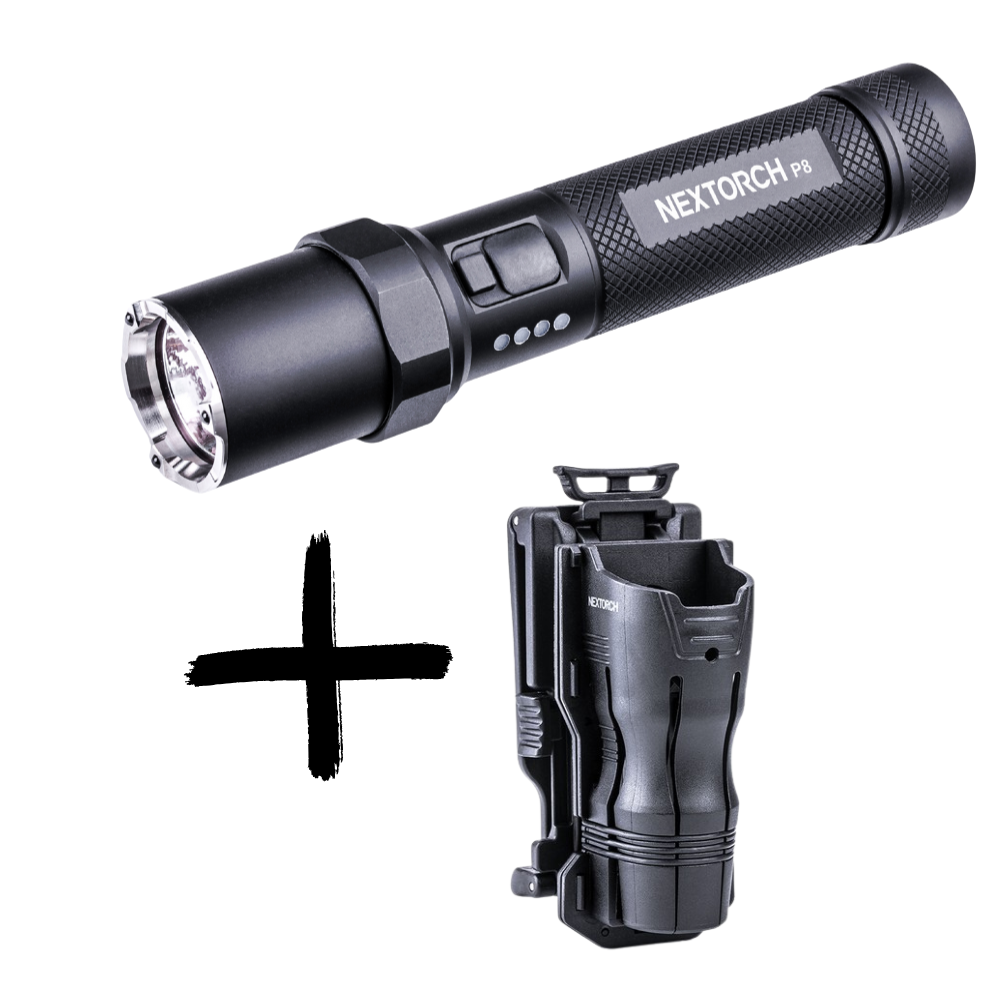 Nextorch P8 Torch (1600lm) & V61 Holster Bundle – High Output Rechargeable + 360° Rotatable Belt Holster
